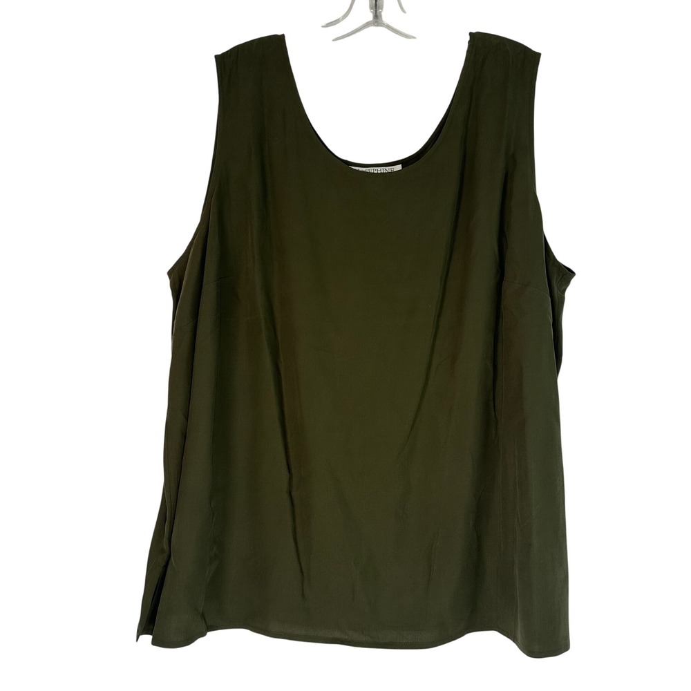 Josephine Womens 2X Olive Green 100% Silk Sleeveless Scoop Neck Tank Top Slits